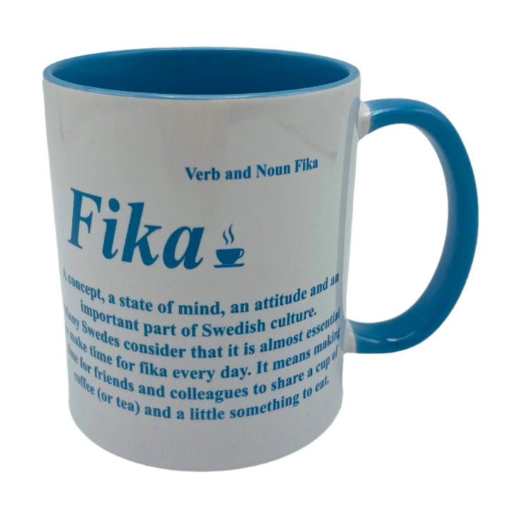 Fika Definition coffee mug with blue handle