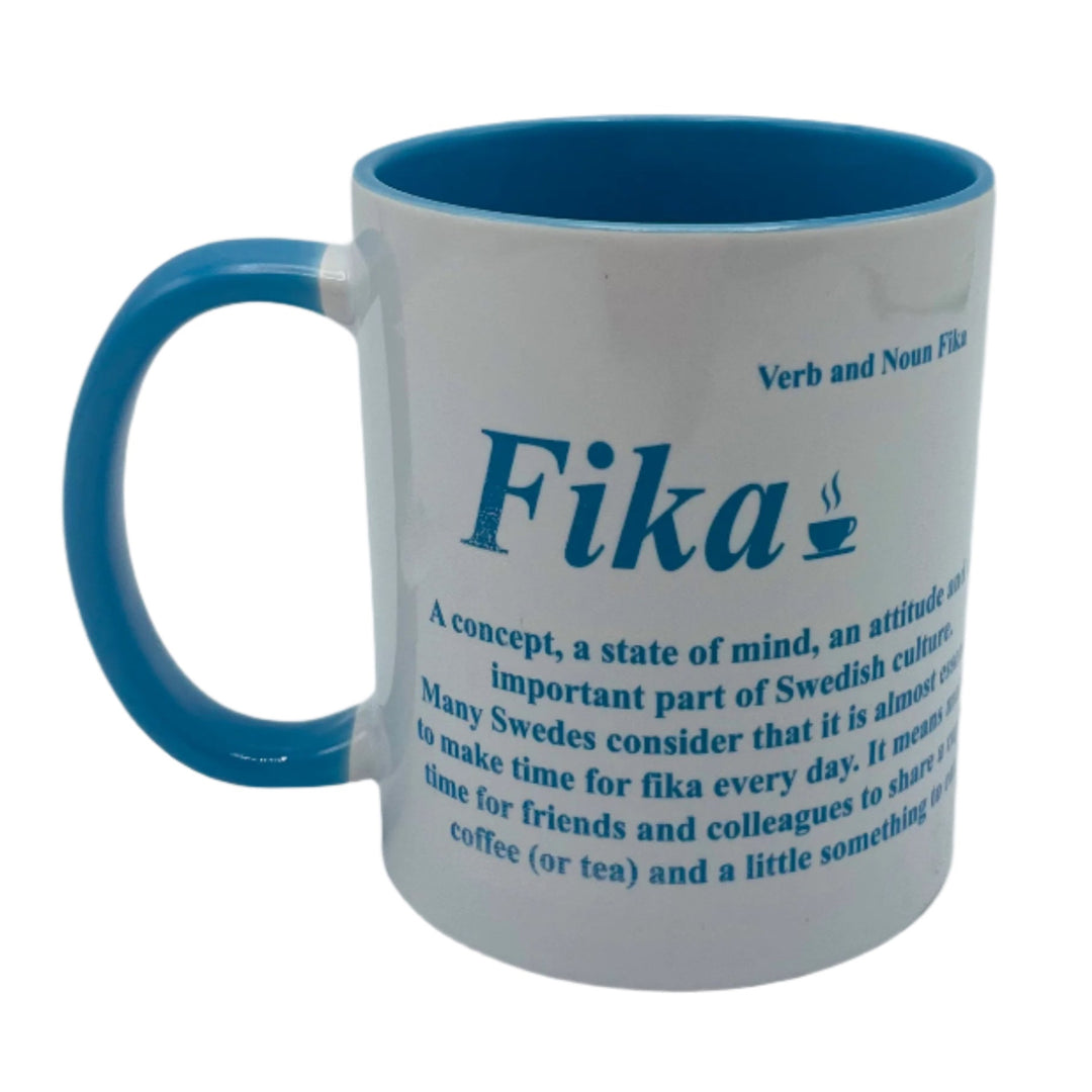 Fika Definition coffee mug with blue handle