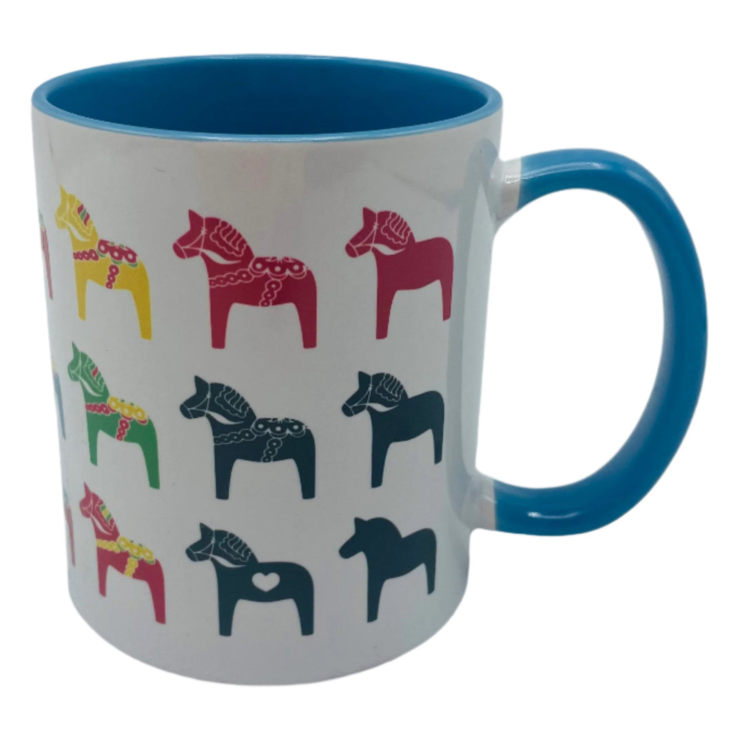 Multi color Dala horses coffee mug with light blue handle