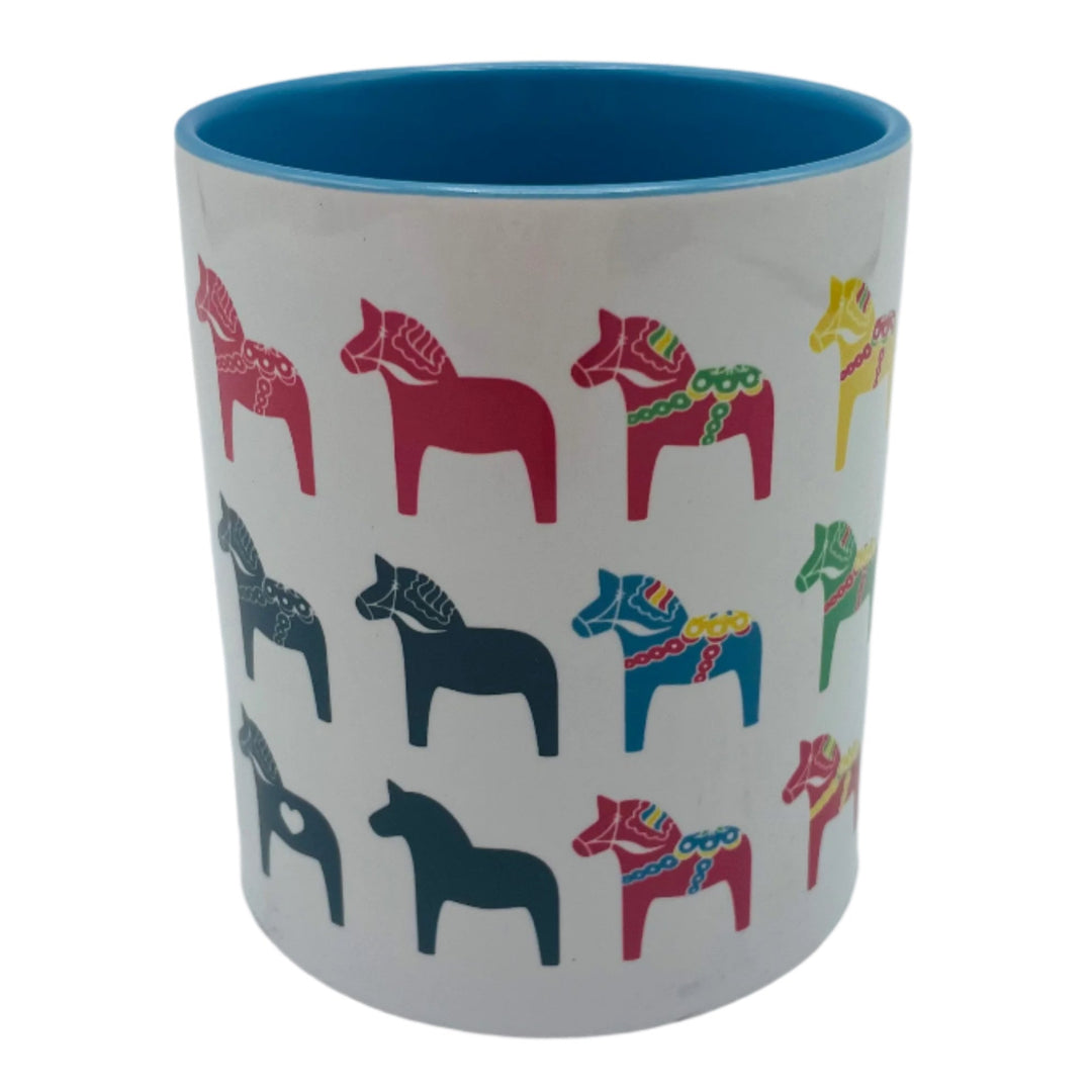 Multi color Dala horses coffee mug with light blue handle