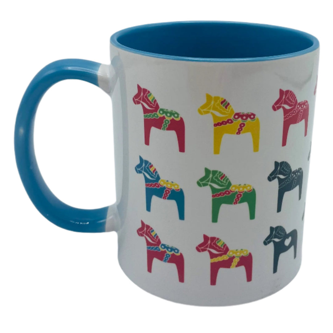 Multi color Dala horses coffee mug with light blue handle