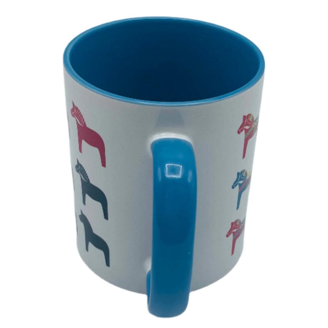 Multi color Dala horses coffee mug with light blue handle