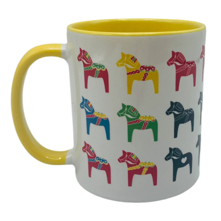 Multi color Dala horses coffee mug with yellow handle