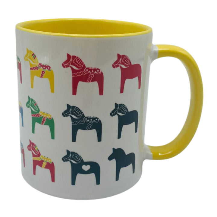 Multi color Dala horses coffee mug with yellow handle