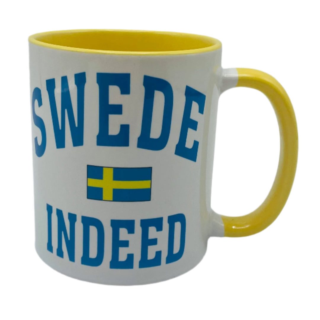 Swede Indeed coffee mug with yellow handle