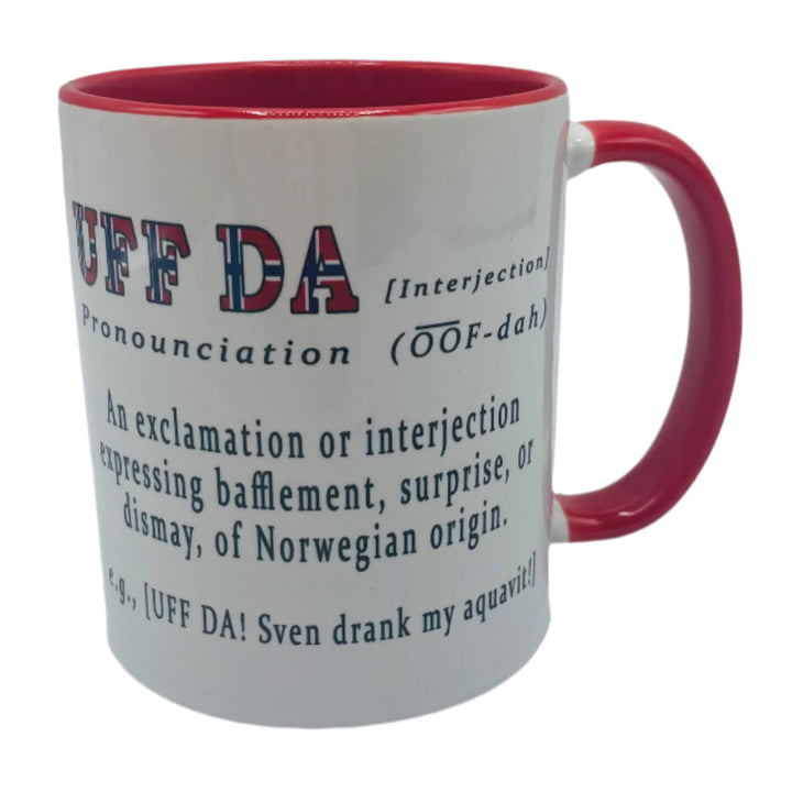 Uff Da definition coffee mug with red handle