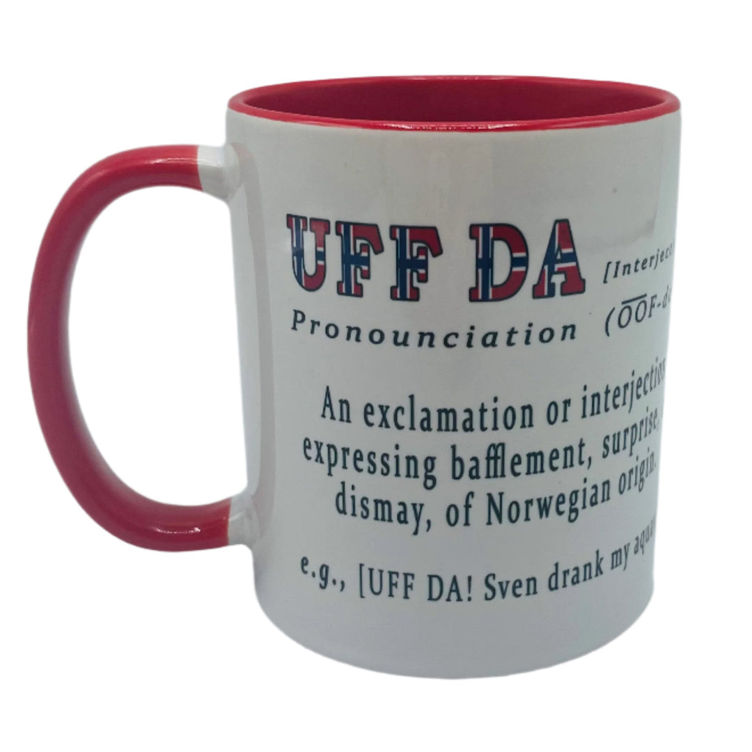 Uff Da definition coffee mug with red handle