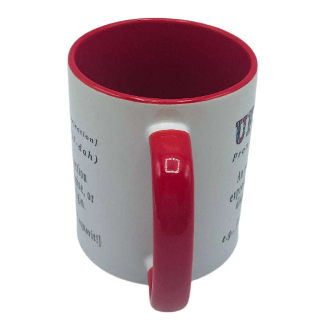 Uff Da definition coffee mug with red handle