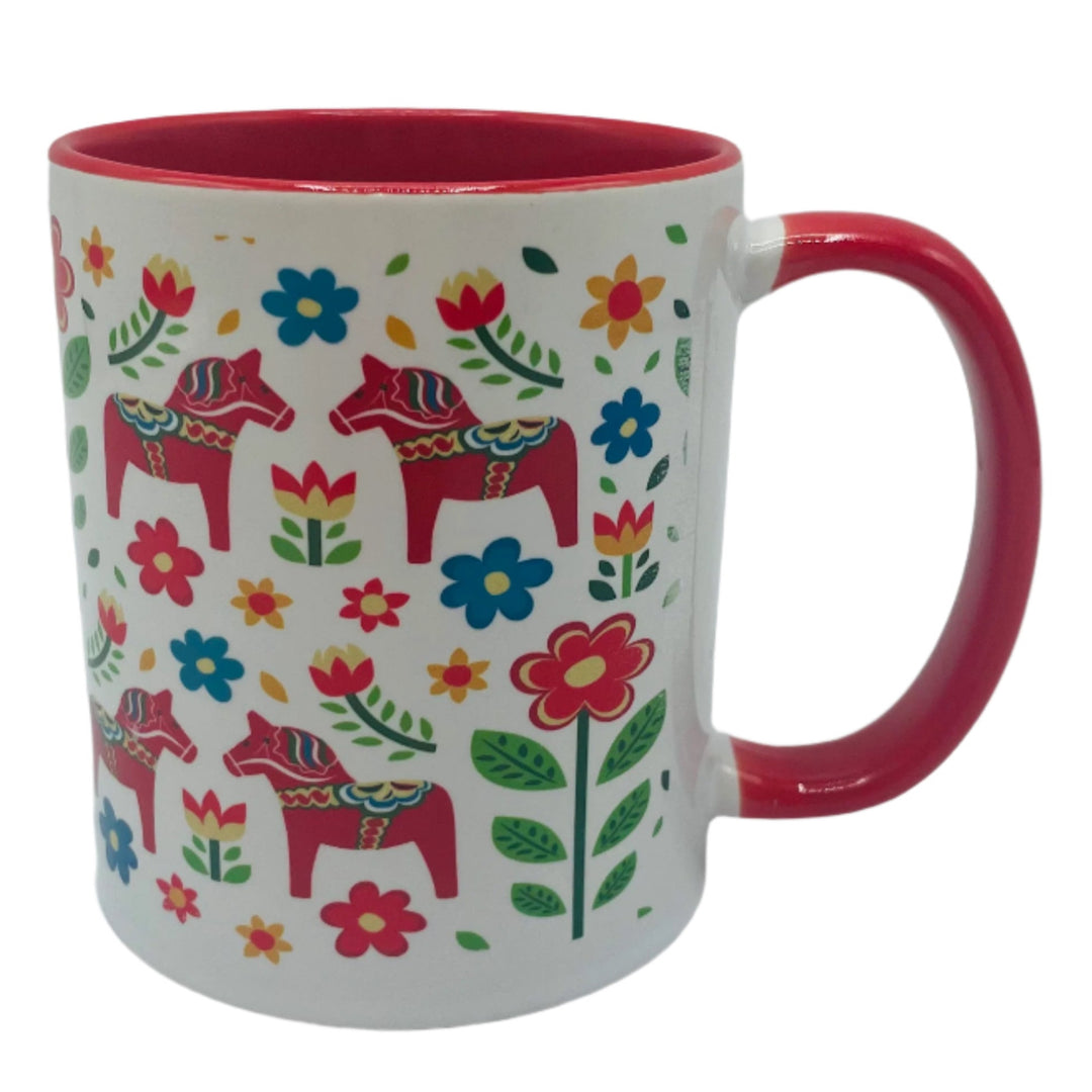 Dala horses & flowers coffee mug with red handle