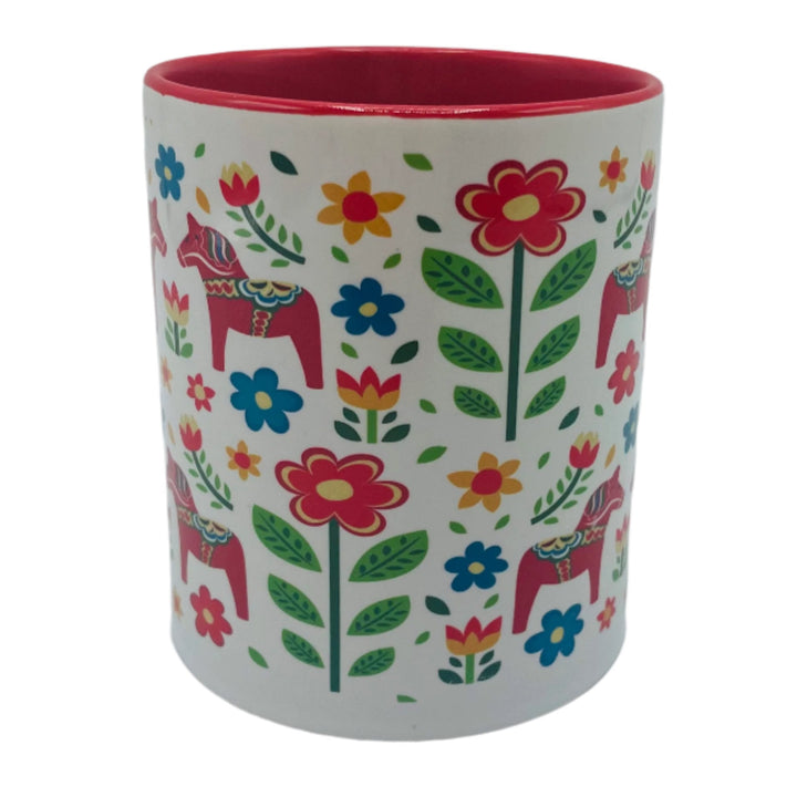 Dala horses & flowers coffee mug with red handle