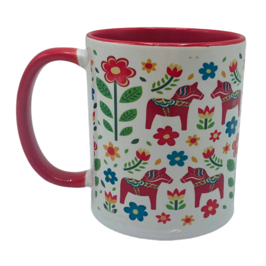 Dala horses & flowers coffee mug with red handle