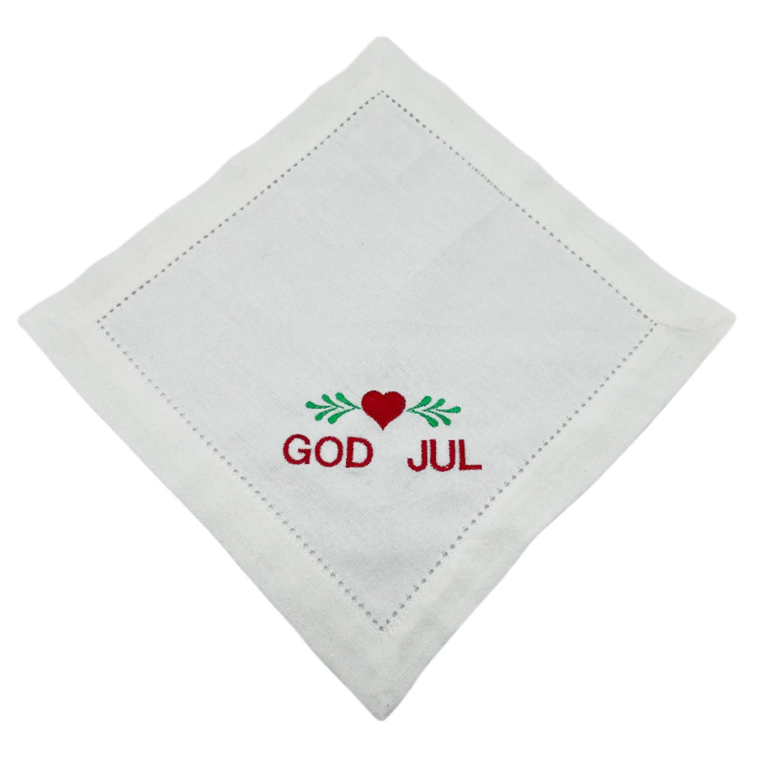 Small Square Doily Embroidered God Jul Heart with greens