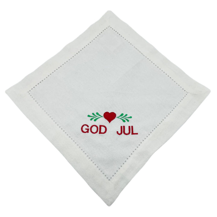 Small Square Doily Embroidered God Jul Heart with greens