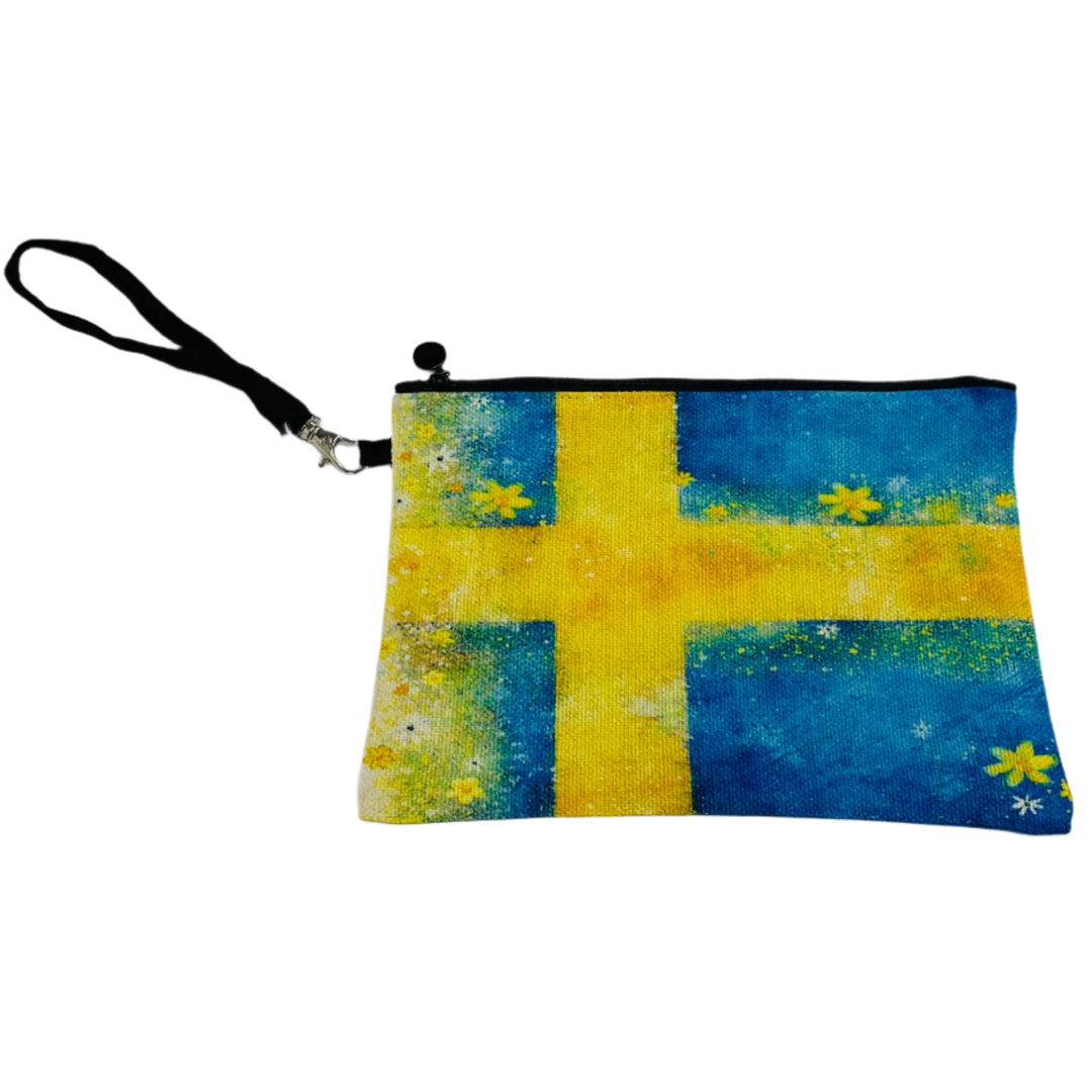 Zippered Cosmetic Bag - Swedish flag with flowers