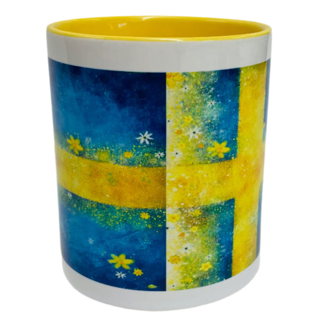 Swedish Flag with Flowers coffee mug with yellow handle