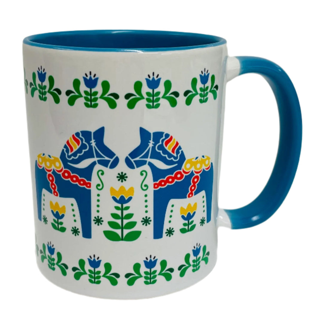 Dala horses & flowers coffee mug with blue handle