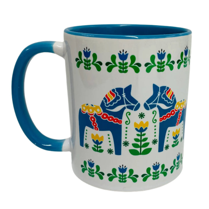 Dala horses & flowers coffee mug with blue handle