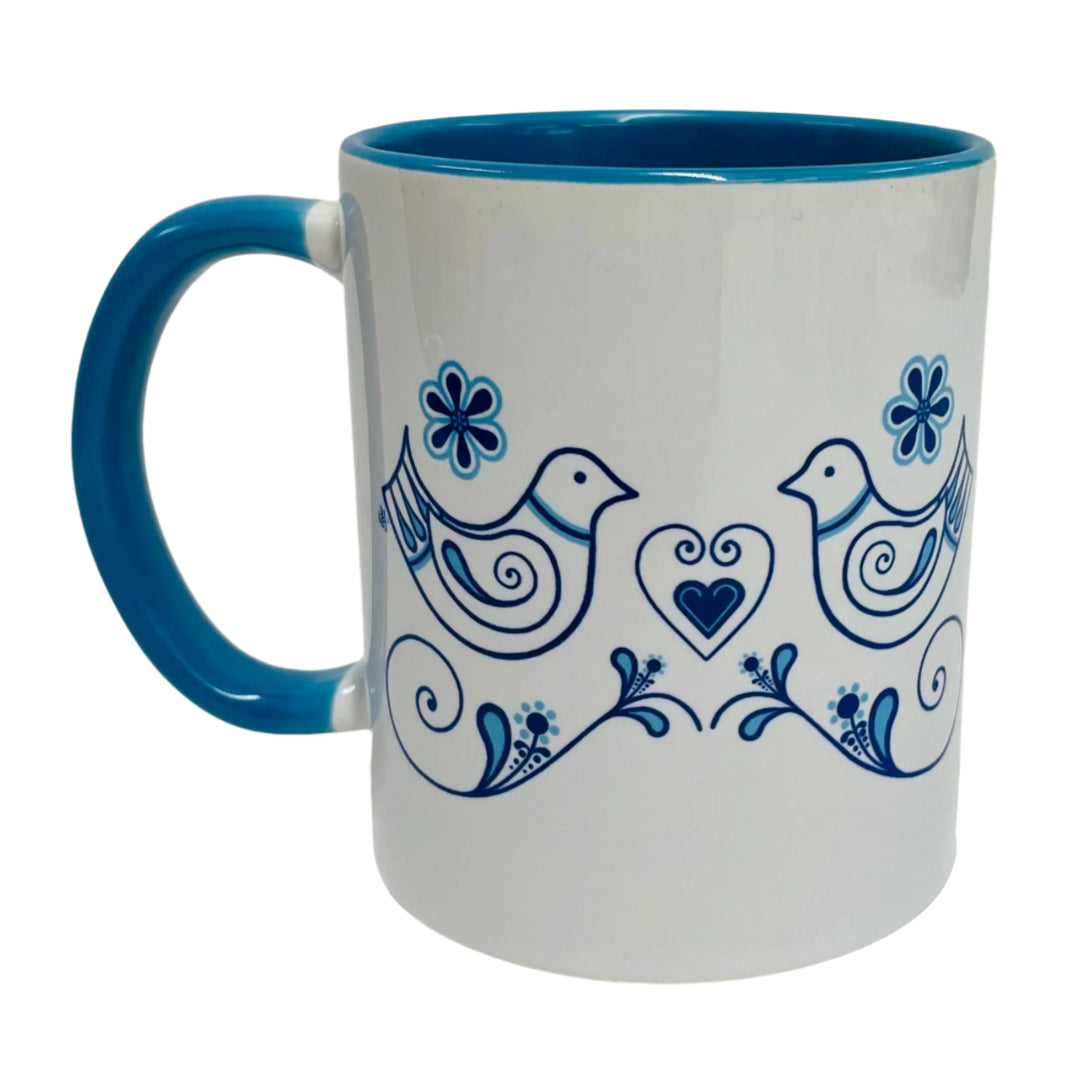 Susan Swanson Swartz Birds coffee mug with blue handle