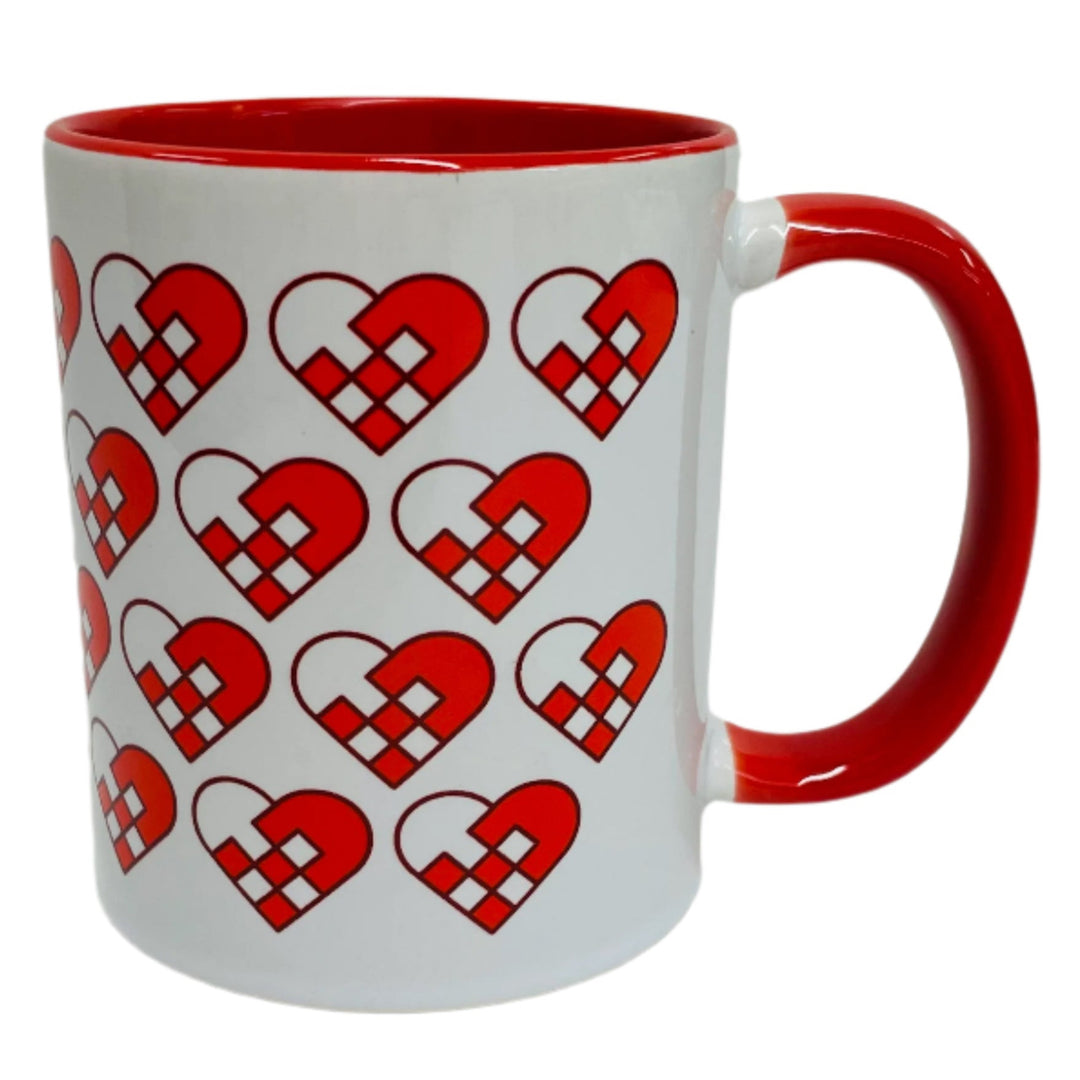 Heart Baskets coffee mug with red handle