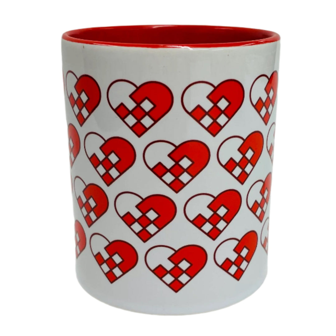 Heart Baskets coffee mug with red handle
