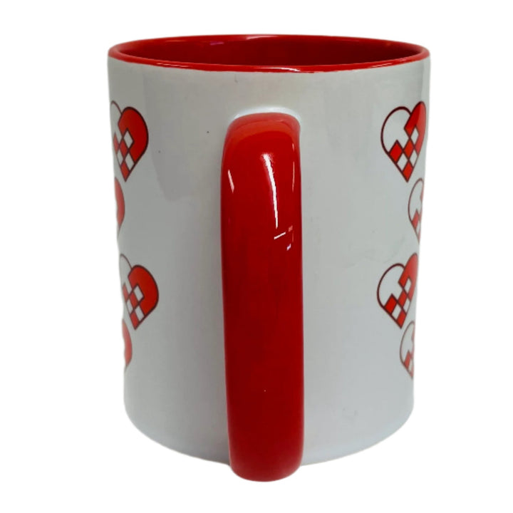 Heart Baskets coffee mug with red handle