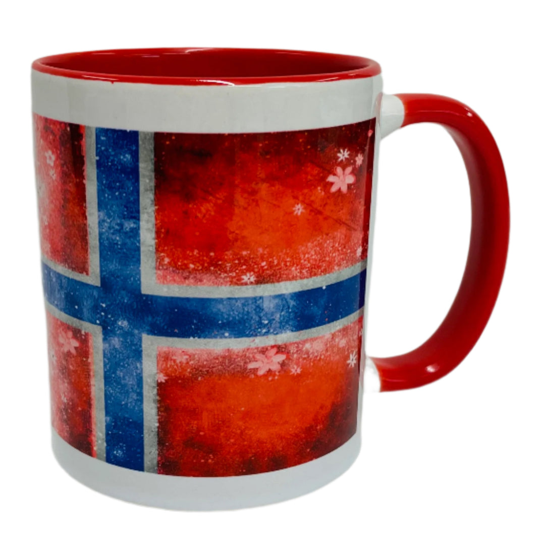 Norwegian Flag & Flowers coffee mug with red handle