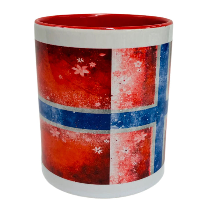 Norwegian Flag & Flowers coffee mug with red handle