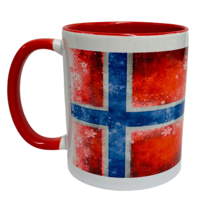 Norwegian Flag & Flowers coffee mug with red handle