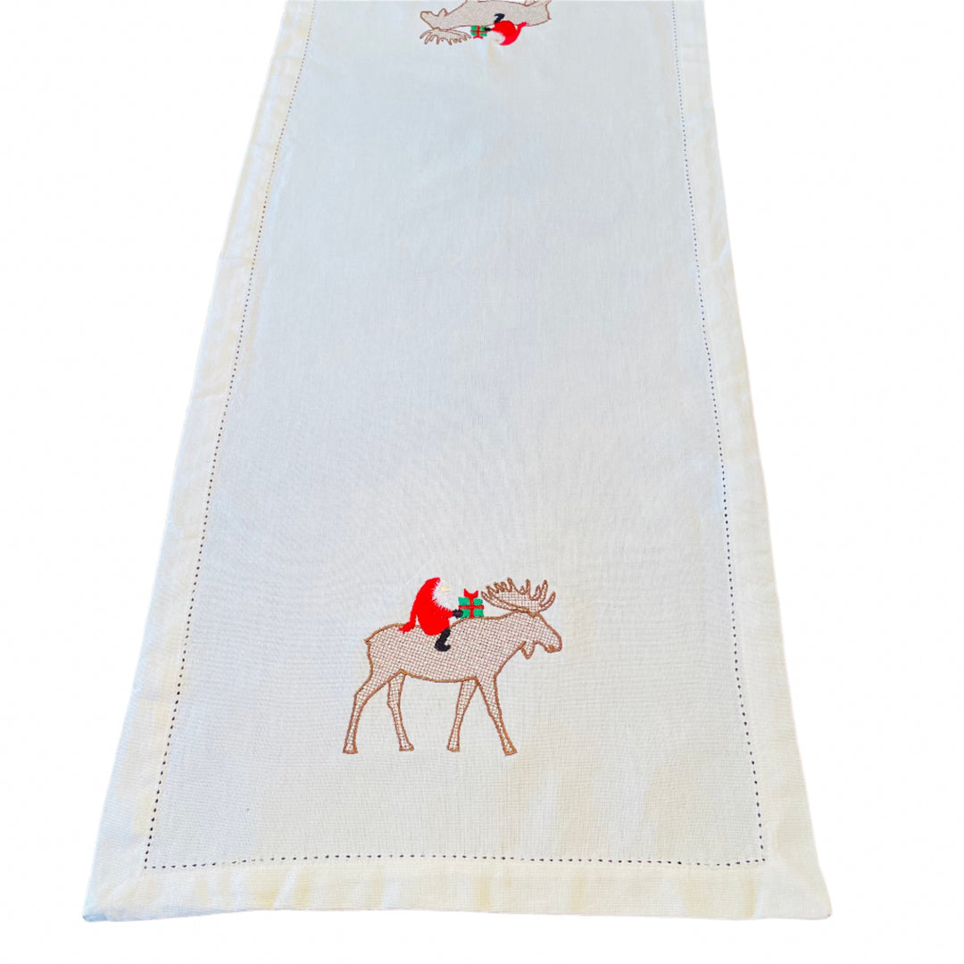 Gnome riding Moose Embroidered on Cream 36" Runner