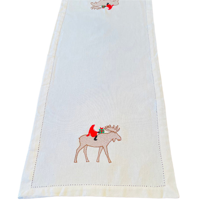 Gnome riding Moose Embroidered on Cream 36" Runner
