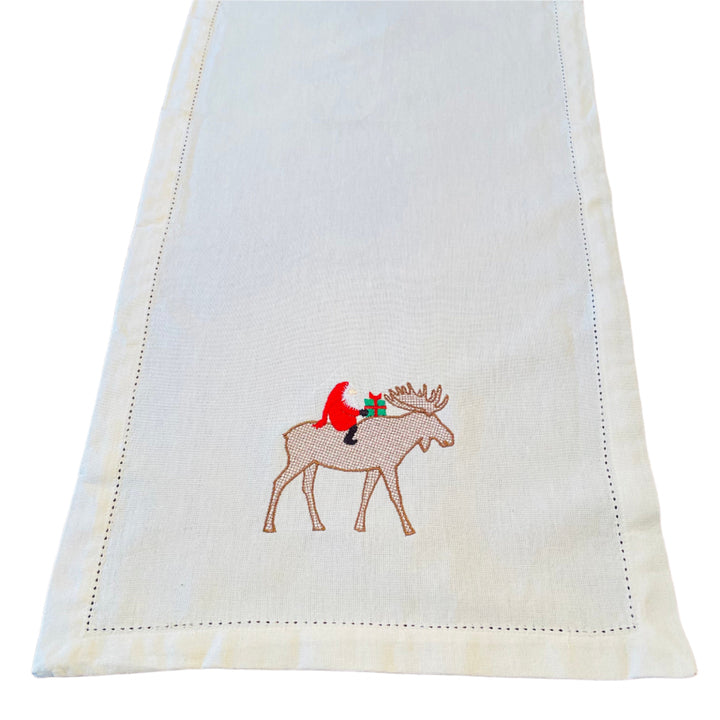 Gnome riding Moose Embroidered on Cream 36" Runner