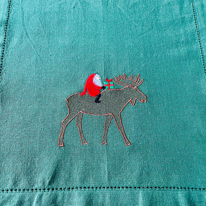 Gnome riding Moose Embroidered on Green 36" Runner