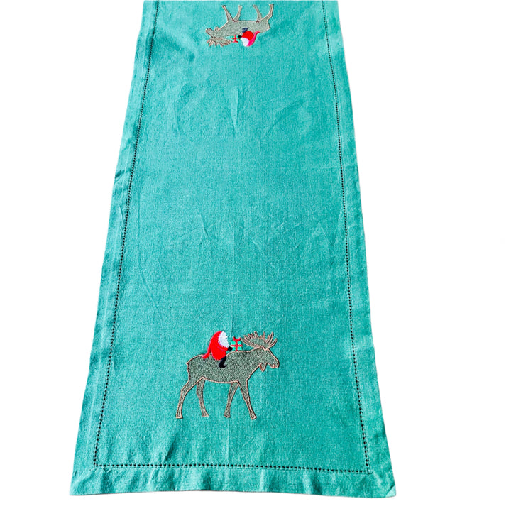 Gnome riding Moose Embroidered on Green 36" Runner