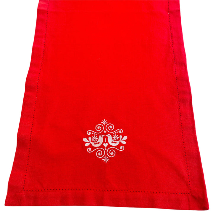 Folk Art Birds Embroidered on Red 36" Runner