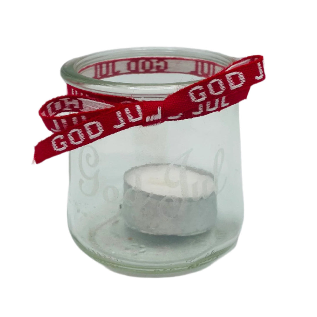 God Jul Glass Votive with Swedish Ribbon