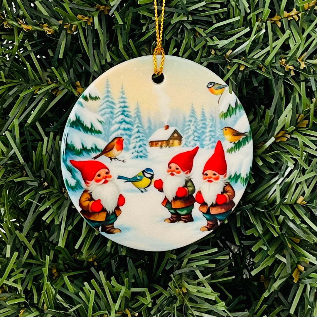 Ceramic Ornament, Gnomes with Birds