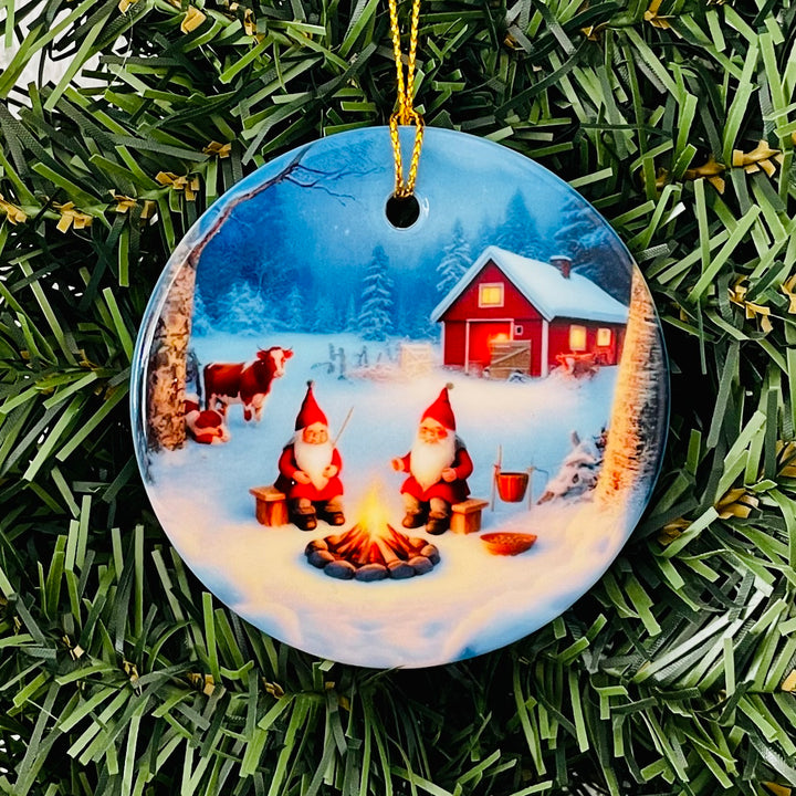 Ceramic Ornament, Gnomes by the Fire with Cow