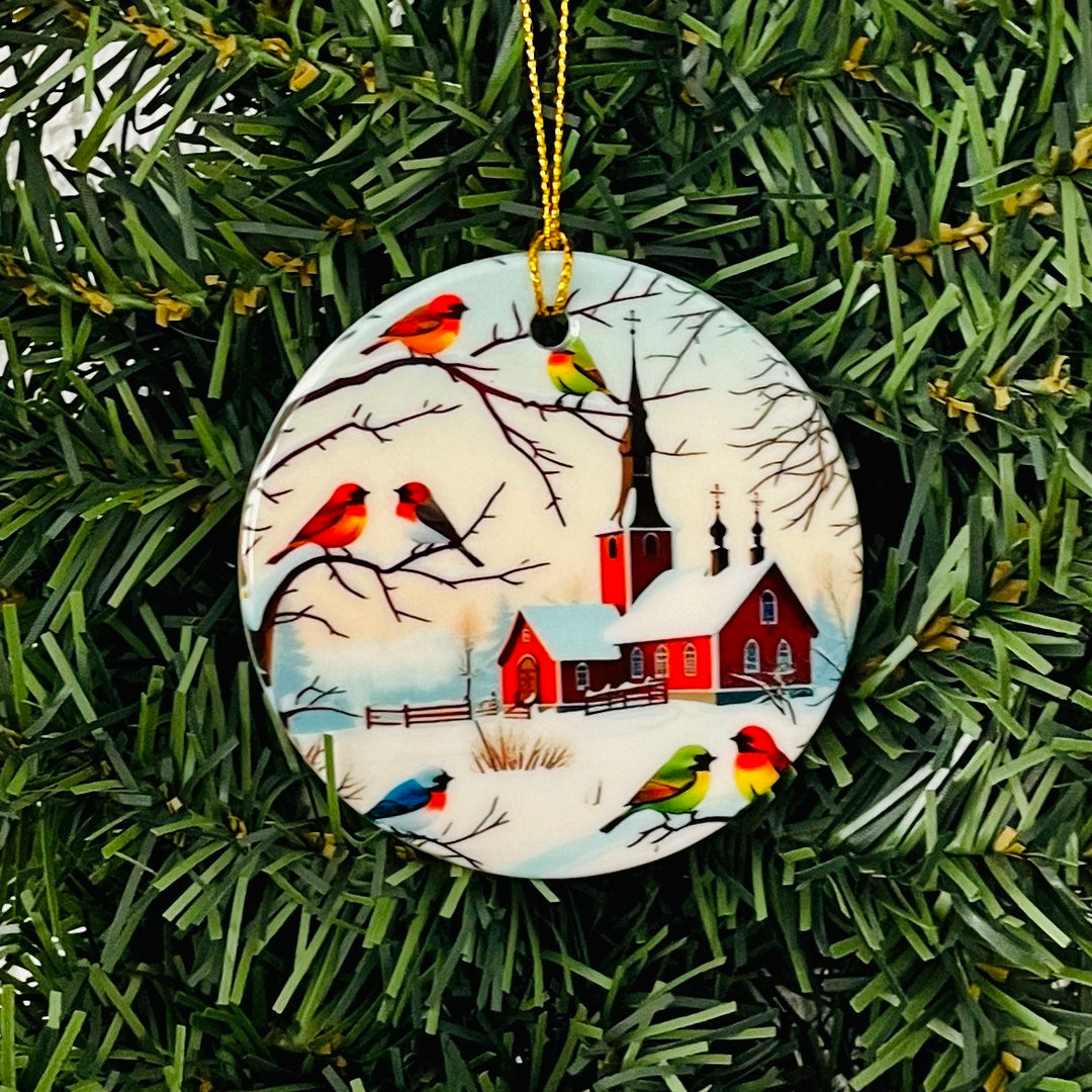 Ceramic Ornament, Church with Birds