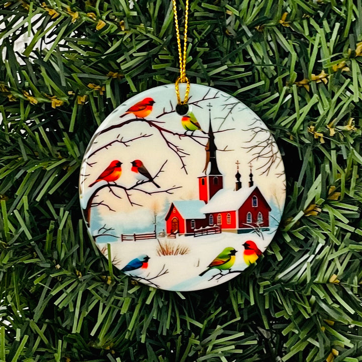 Ceramic Ornament, Church with Birds