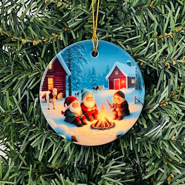 Ceramic Ornament, Three Gnomes by the Fire with Cow