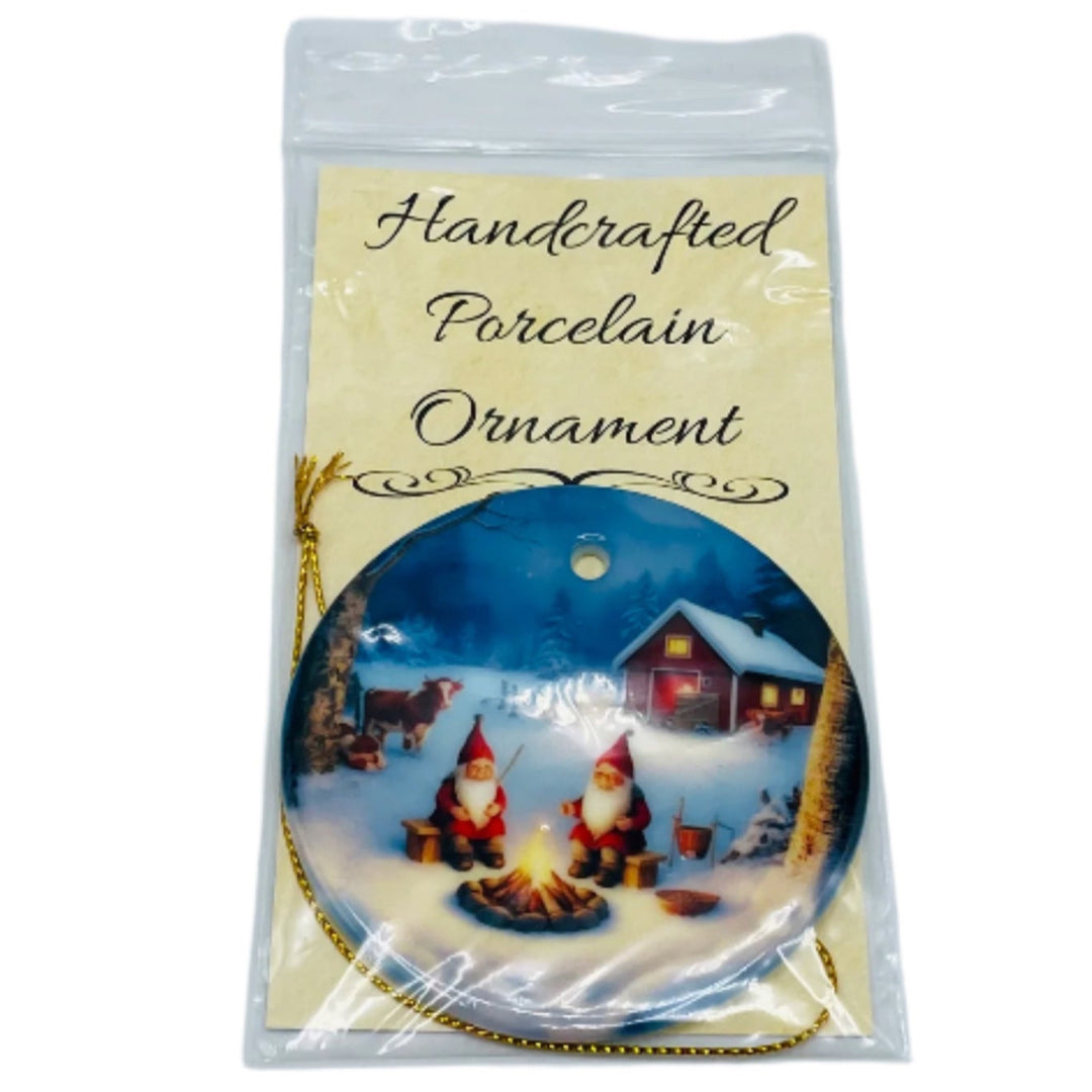 Ceramic Ornament, Gnomes by the Fire with Cow