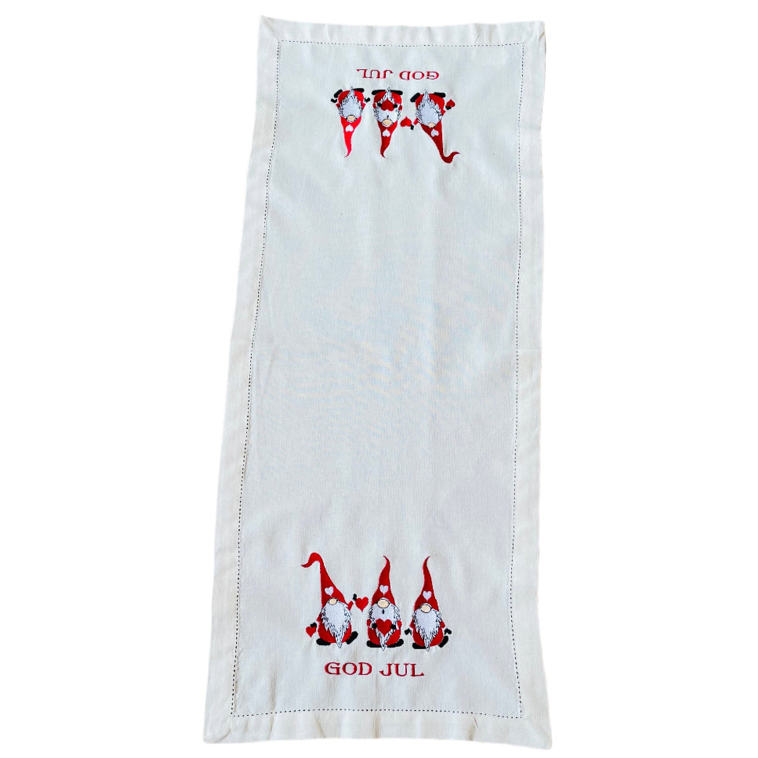 God Jul Gnomes Embroidered on Cream 36" Runner