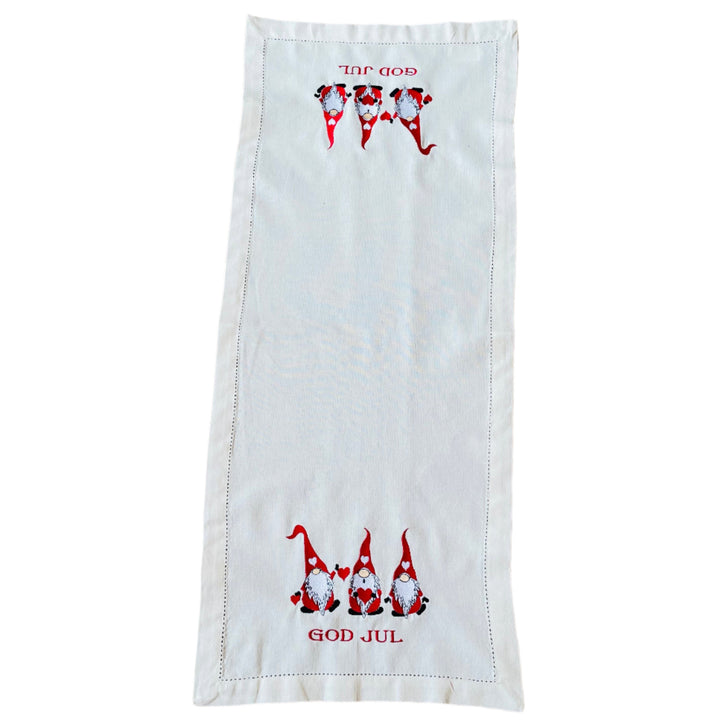 God Jul Gnomes Embroidered on Cream 36" Runner