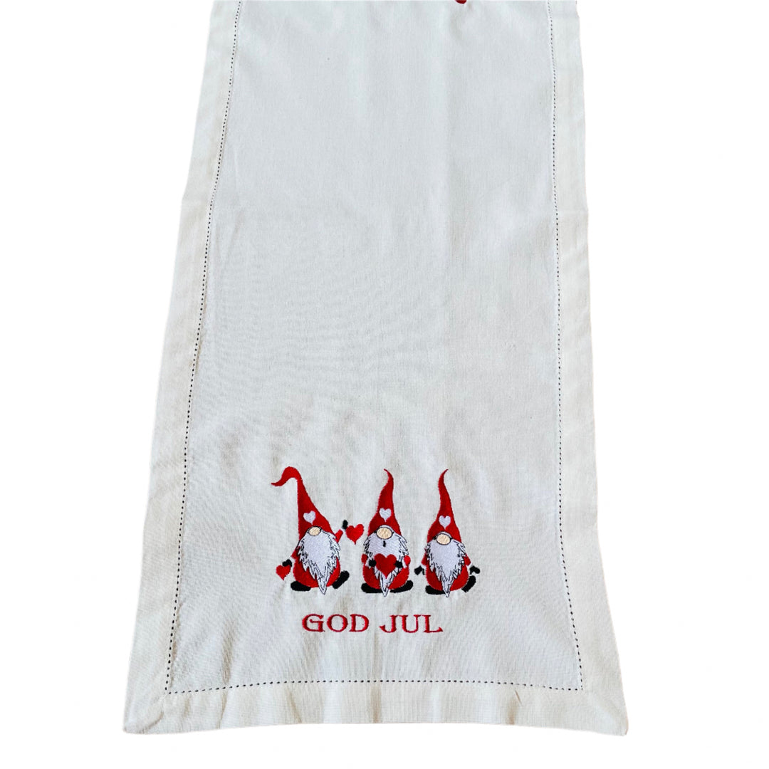 God Jul Gnomes Embroidered on Cream 36" Runner