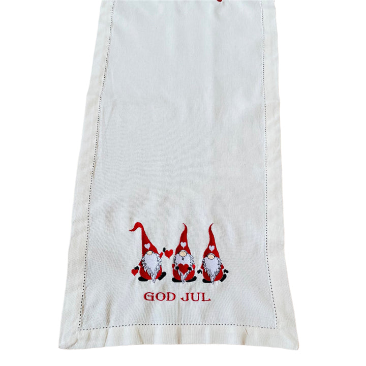 God Jul Gnomes Embroidered on Cream 36" Runner