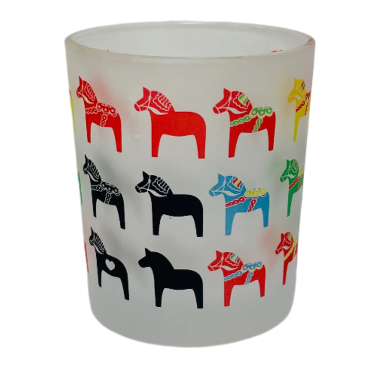 Frosted Glass Votive - Multi color Dala horses