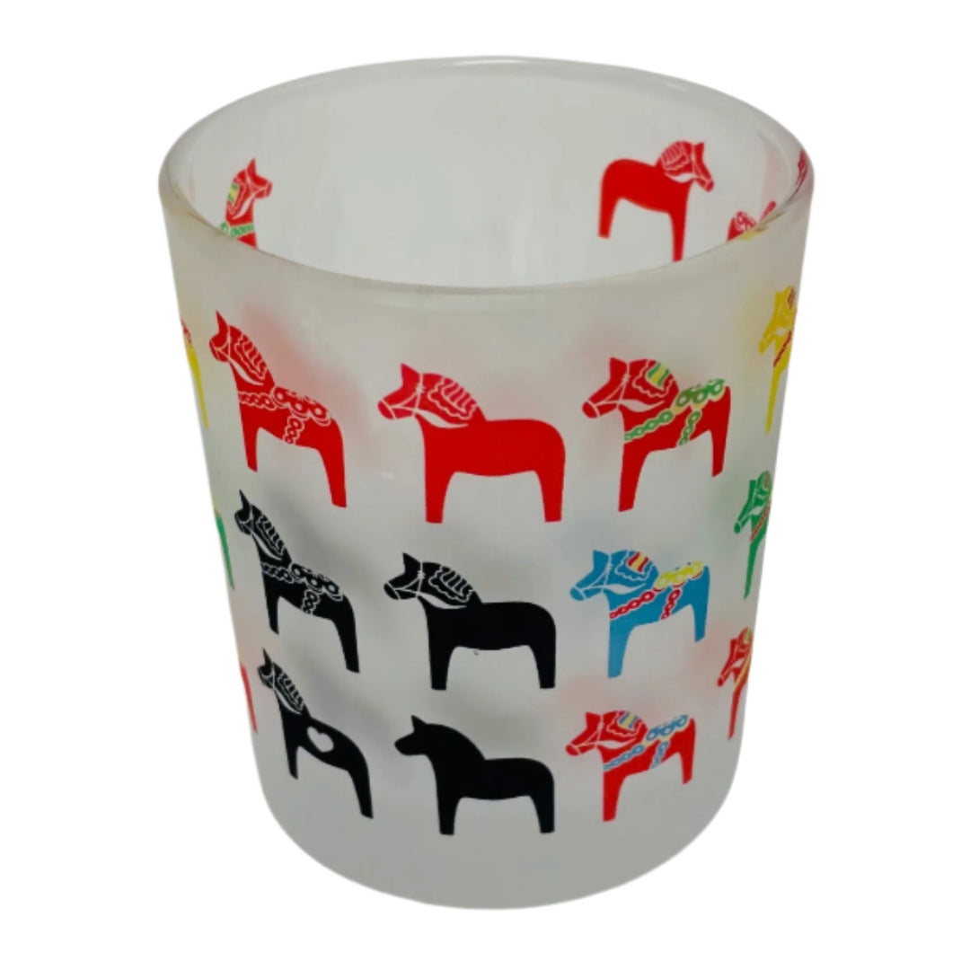 Frosted Glass Votive - Multi color Dala horses