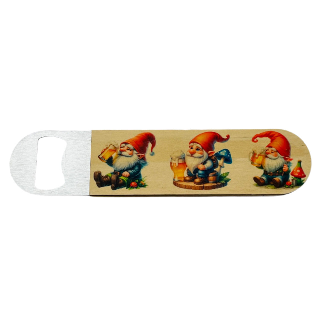 Bottle Opener - Stainless Steel with Wooden Handle Gnomes with beer