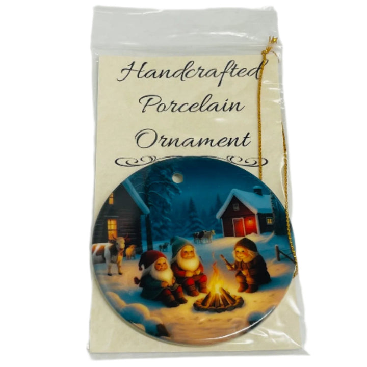 Ceramic Ornament, Three Gnomes by the Fire with Cow