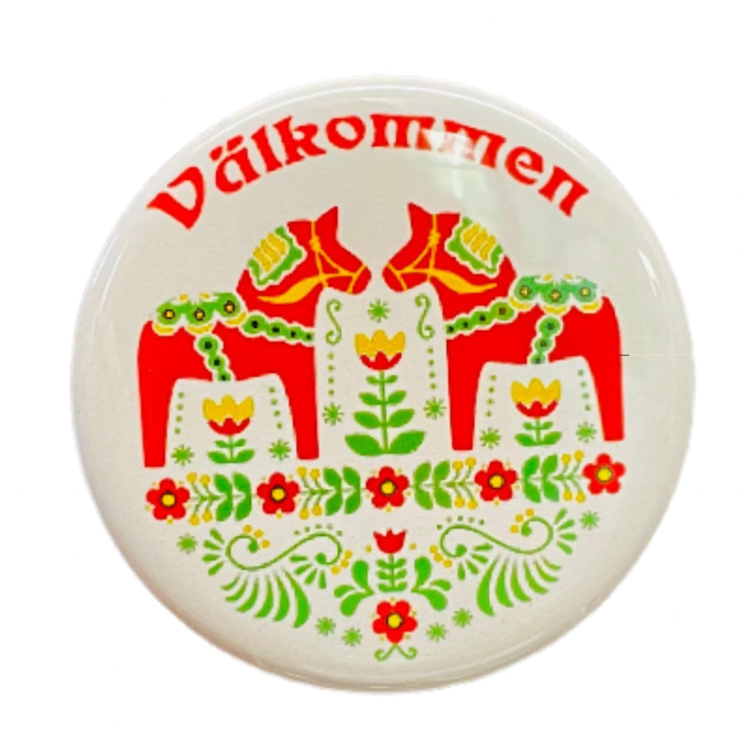 Välkommen Dala Horses round button/magnet